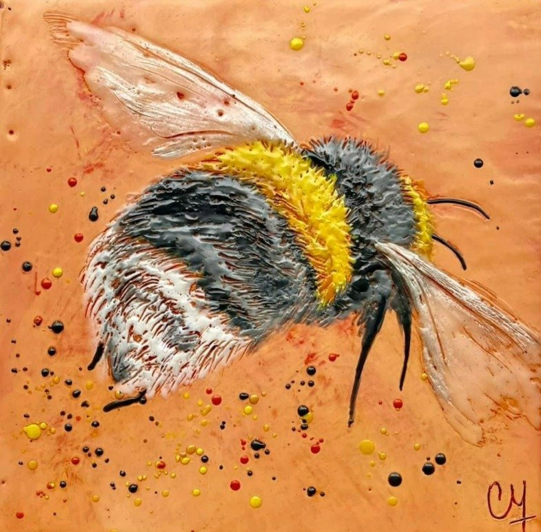 Bee Series Zinnia Cynthia Makara Encaustic 8” x 8”