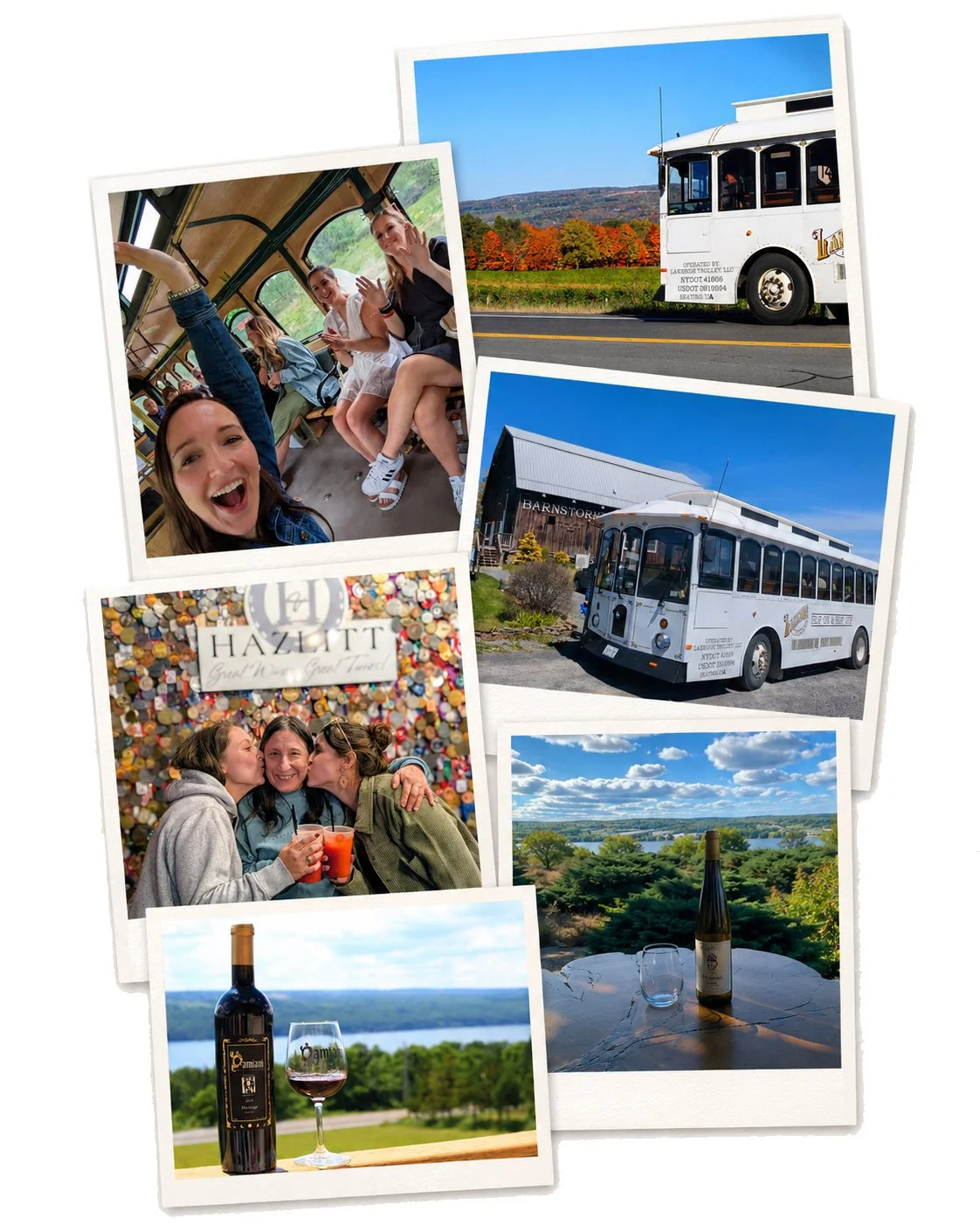 Polaroid collage of Lakeside Trolley guest moments, trolley photos, winery views, and Finger Lakes scenery