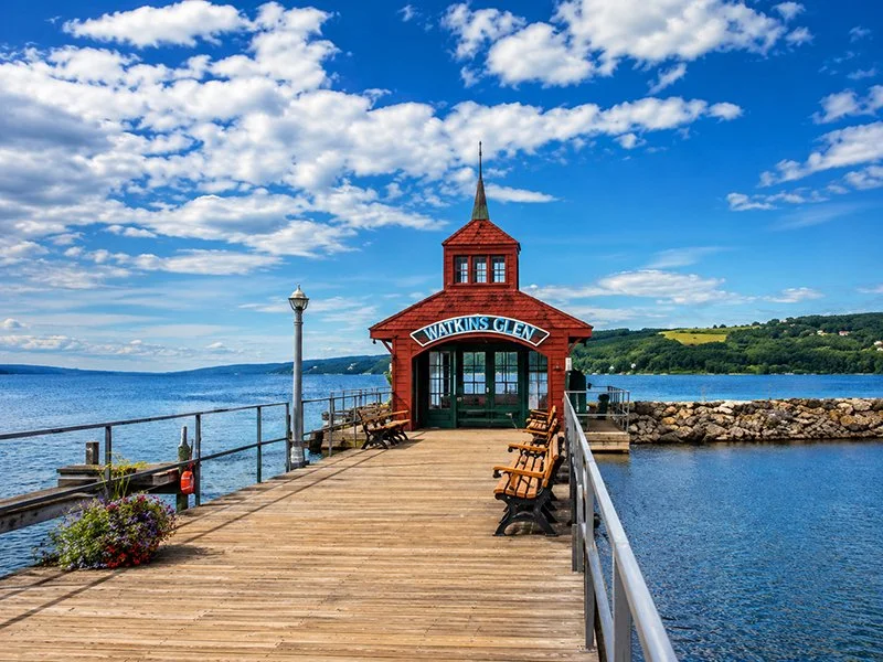 Watkins Glen boat house on Seneca Lake near Finger Lakes wine tour routes