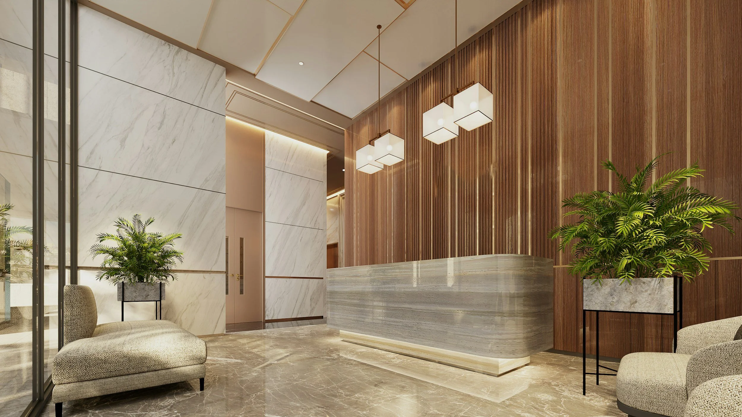 Modern hotel lobby with marble floors, beige walls, wooden accent wall, hanging pendant lights, potted plants, and seating area.