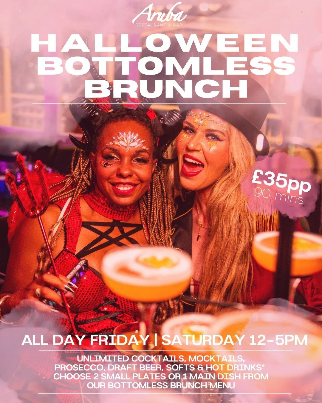 Spooky Bottomless Brunch 🕸️🍾
Dare to feast? 💀 
£35pp for 90 frightful minutes of bottomless potions and devilish bites…
Choose 2 small plates or 1 large plate, if you dare this Friday & Saturday 🍔🥂
Sip on wicked cocktails, ee