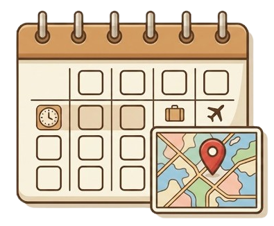 Calendar with blank dates, clock, briefcase, airplane icons, and a map with a location pin.