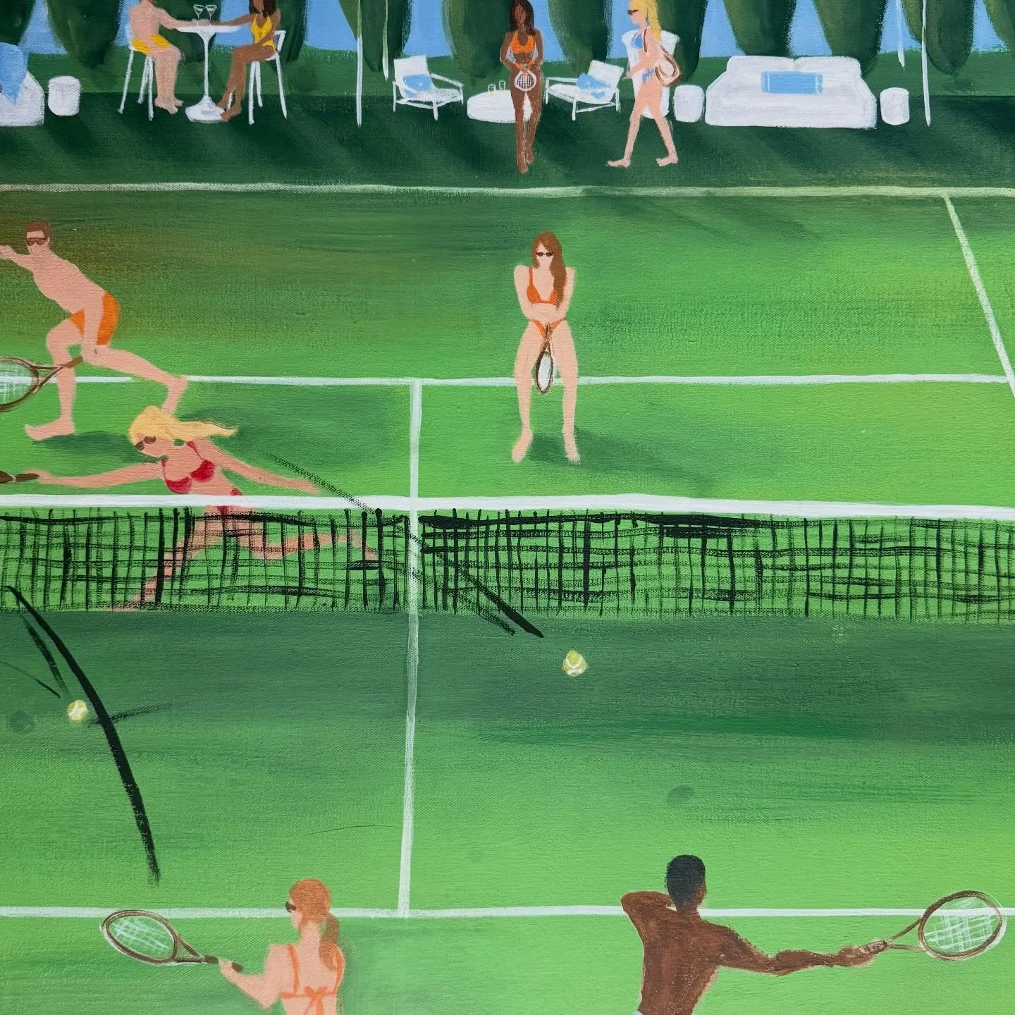This commission piece was the beginning for me. I had just become full-time and was eager with excitement to start the biggest project of my career yet. My clients wanted this piece (36x72) personal to their life story with tennis at the core. Every 