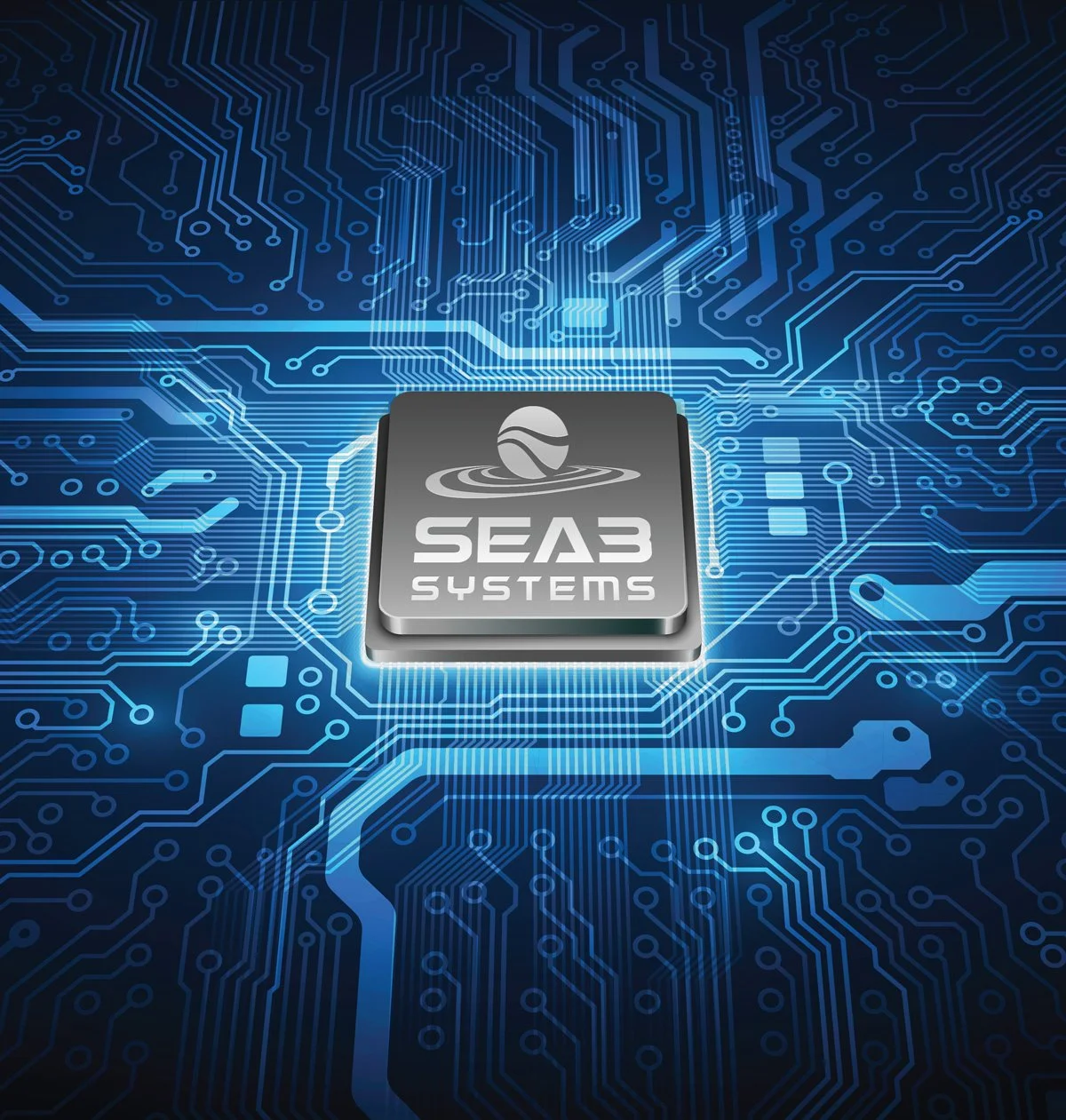 A digital illustration of a circuit board with a central microchip labeled 'SEAB SYSTEMS', surrounded by glowing blue pathways representing electronic connections.
