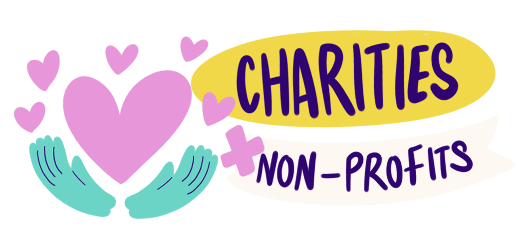 Colorful illustration of a large pink heart with multiple smaller hearts around it, with yellow and white banners displaying the words 'Charities' and 'Non-Profits' in purple text.