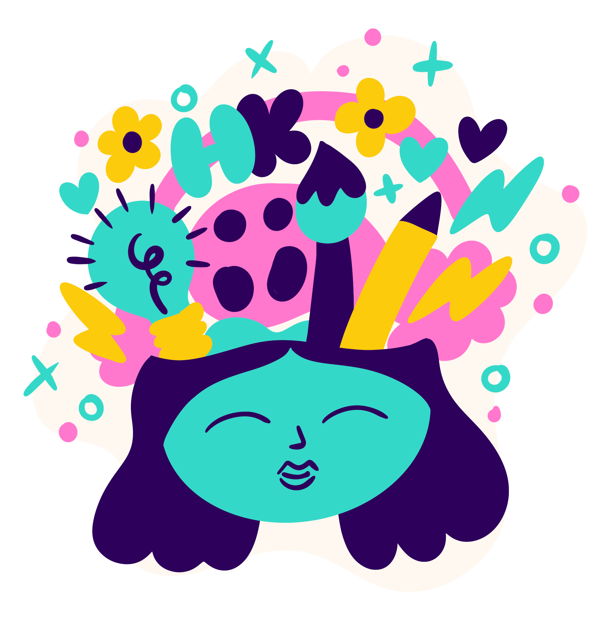 Colorful digital illustration of a smiling person with long dark purple hair, surrounded by abstract shapes, flowers, and whimsical elements in bright colors like pink, yellow, blue, and purple.