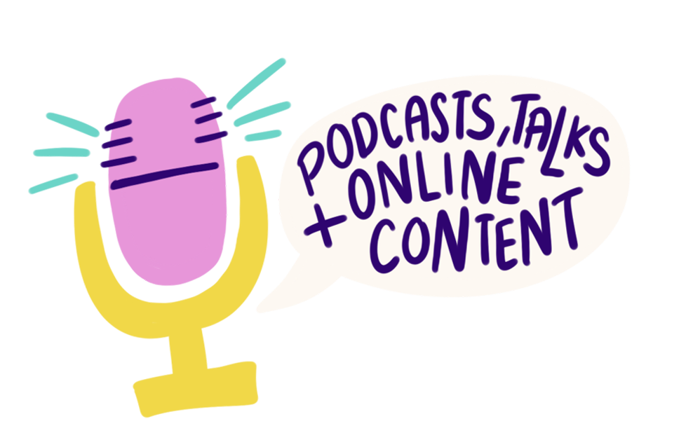 A pink microphone with a speech bubble that reads '+ Podcasts, Talks, Online Content' in purple text.