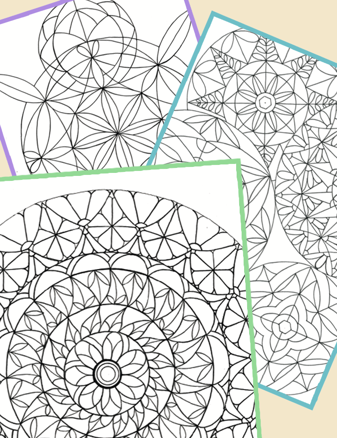 Multiple intricate black and white mandala-style line art designs on separate sheets of paper with colorful borders, overlapping each other.