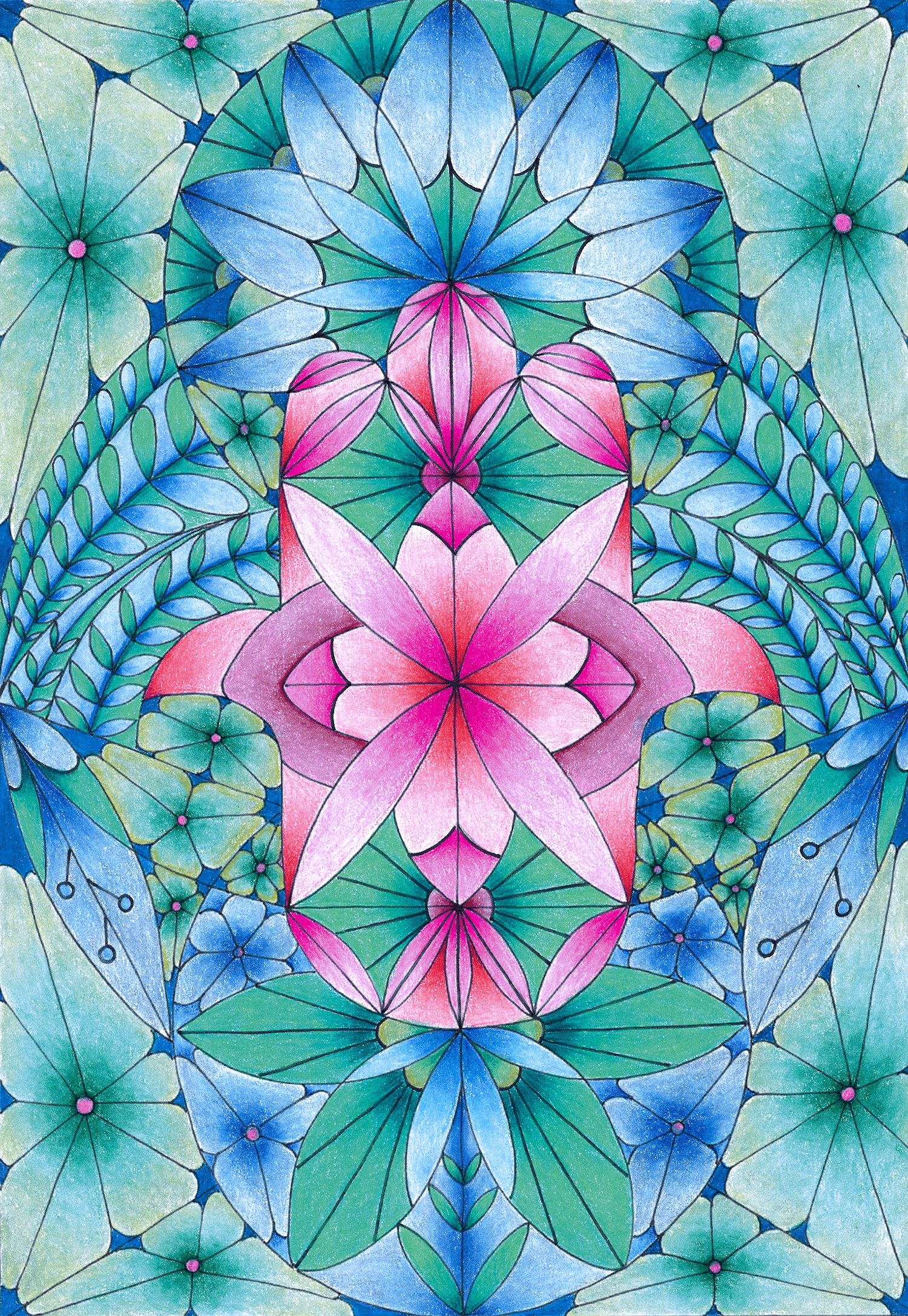 Hamsa in blue and pink, colored pencil on paper 9x12"