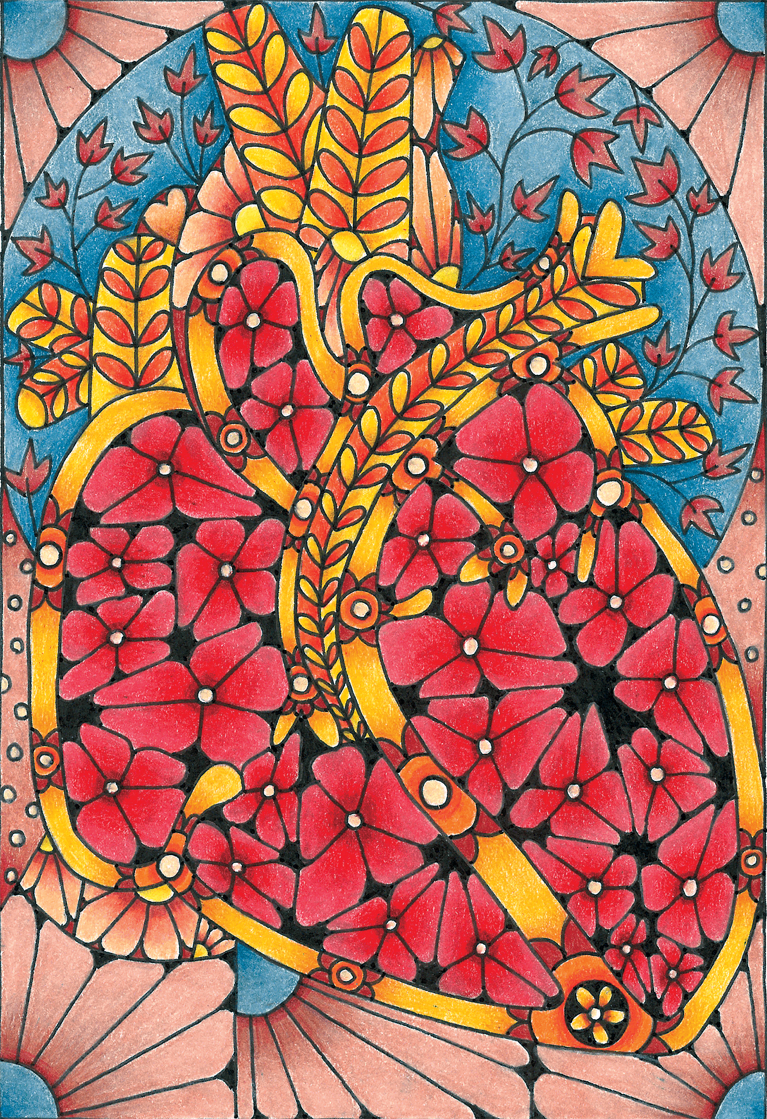 Floral Heart, colored pencil on paper, 9x12"