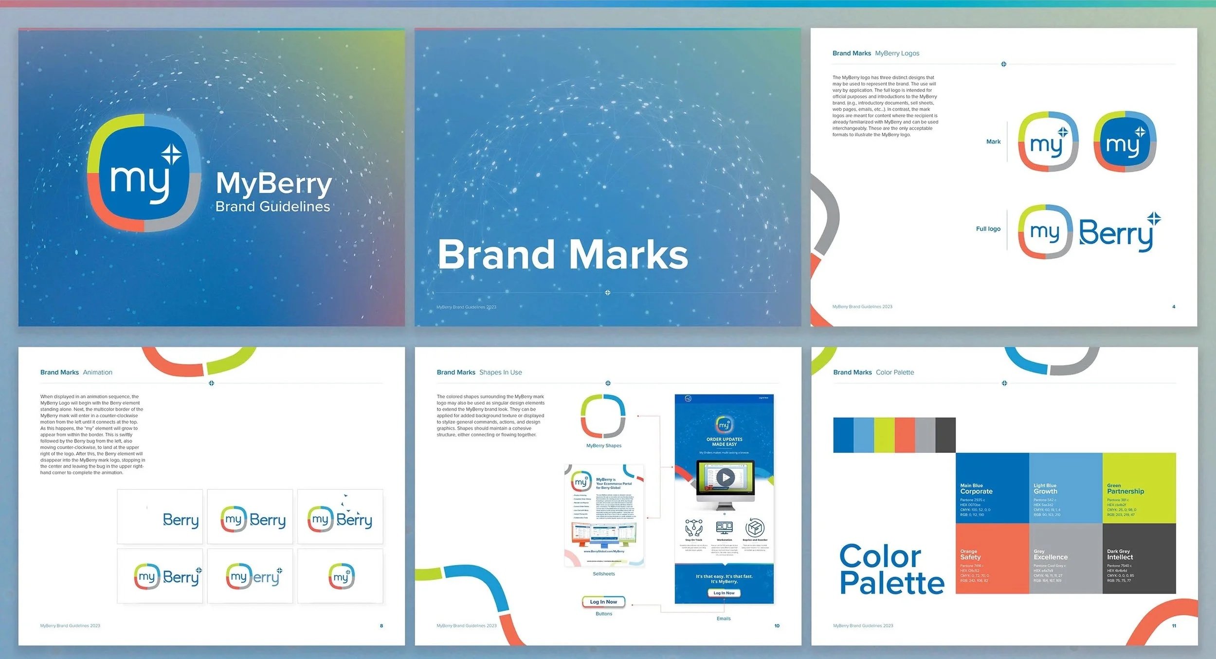 A set of pages from a brand guideline document for MyBerry, detailing logo usage, brand marks, color palette, and other brand elements with various diagrams, charts, and example images.