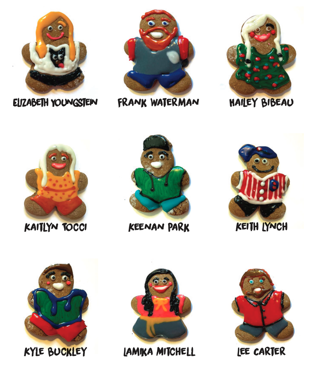 Cookies decorated as various characters with their names written below each cookie.