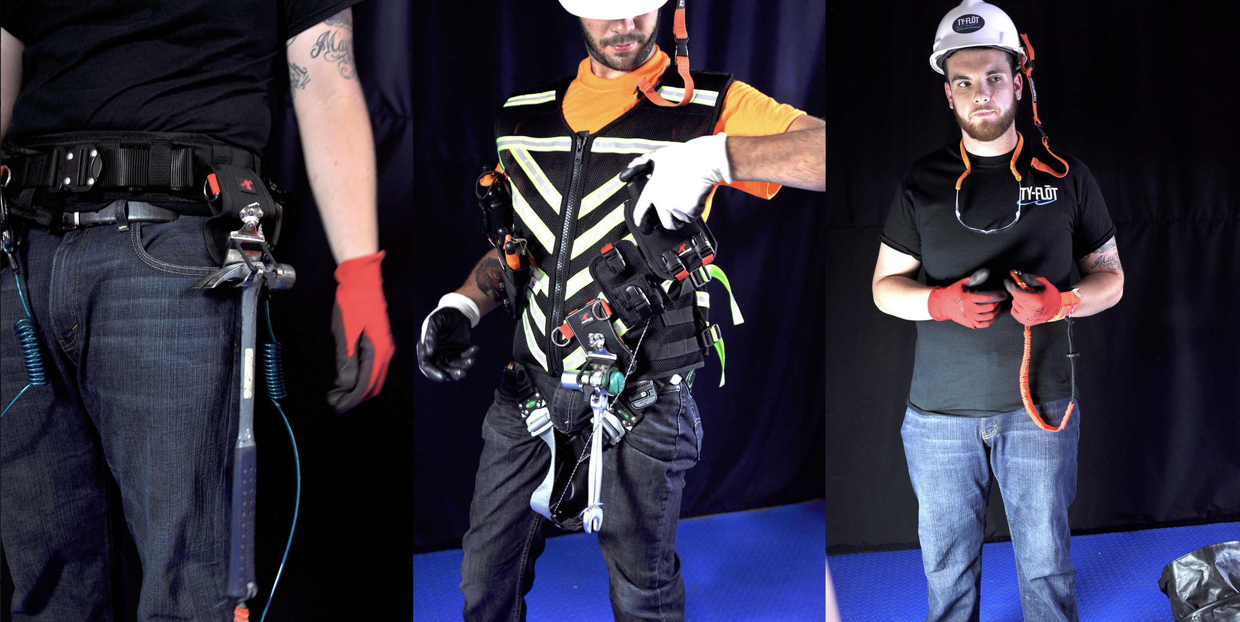 Three men in safety gear: the first shows a close-up of a man's waist with a harness and tools; the second depicts a man in a reflective vest with tools and safety equipment attached; the third features a man in a black shirt and helmet holding a device, standing on a blue mat.