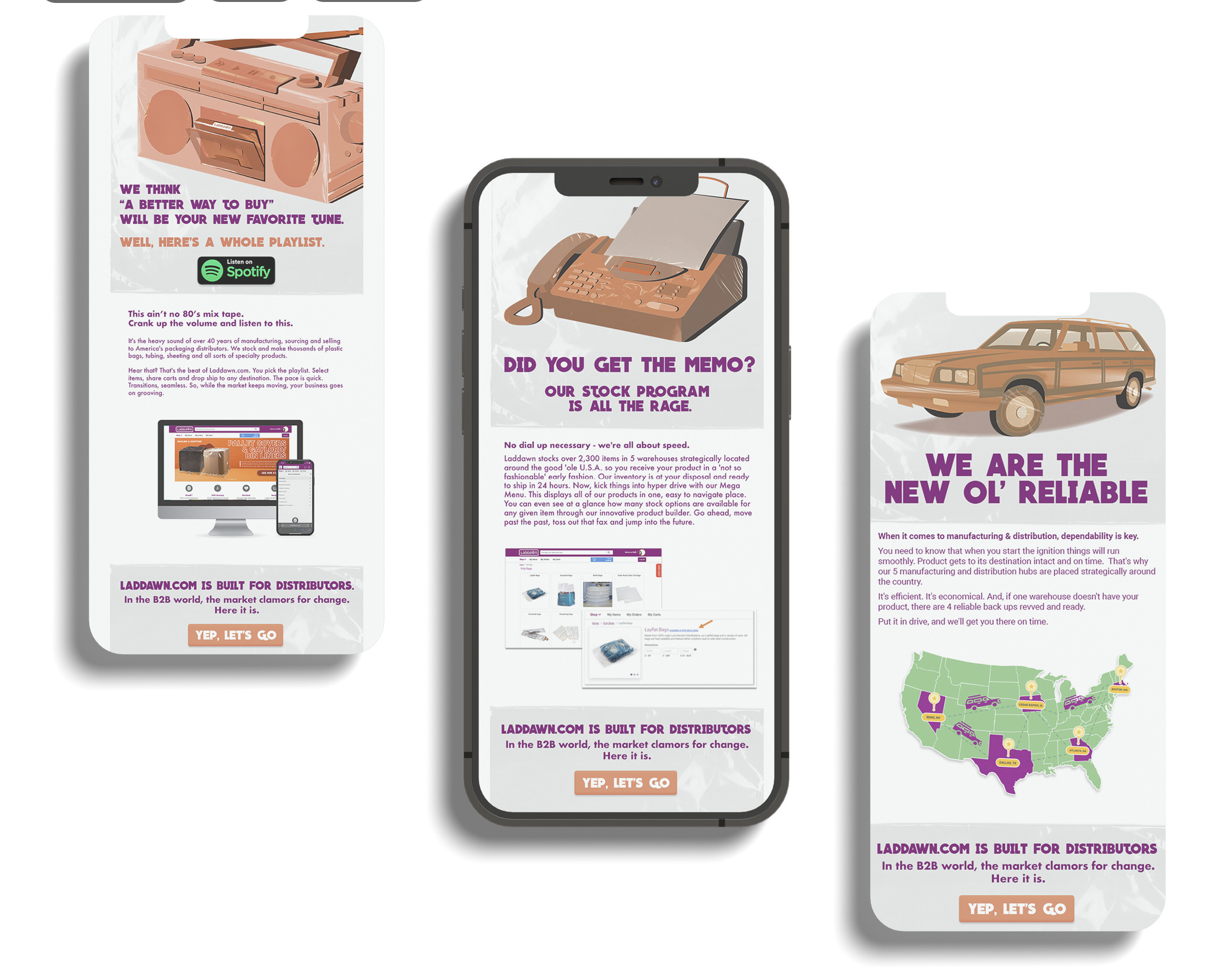 Multiple screens displaying promotional content for a business distribution platform, including a boombox illustration, a notebook and telephone, a website homepage, and a map of the United States with highlighted states.