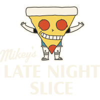 An animated skeleton character with a giant slice of pizza as a head, arms raised, wearing a red and white striped shirt, with the text 'Milkyway's Late Night Slice' below.