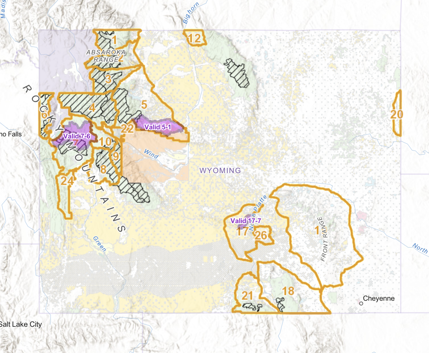 Map of Wyoming showing various zones with numbered boundaries and labels, some areas marked as valid, with regional names such as Absaroka Range, Wind River, and Green River, highlighting geographic and elevation features.