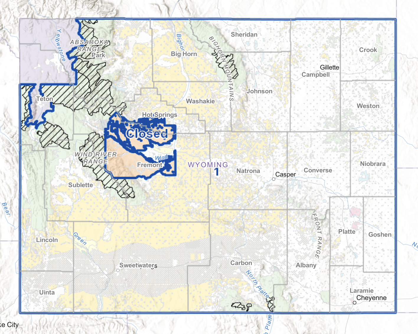 Map of Wyoming with various regions and labels, including areas marked as 'Closed', 'Absaroka Range', 'Wind River Range', and 'Yellowstone.'