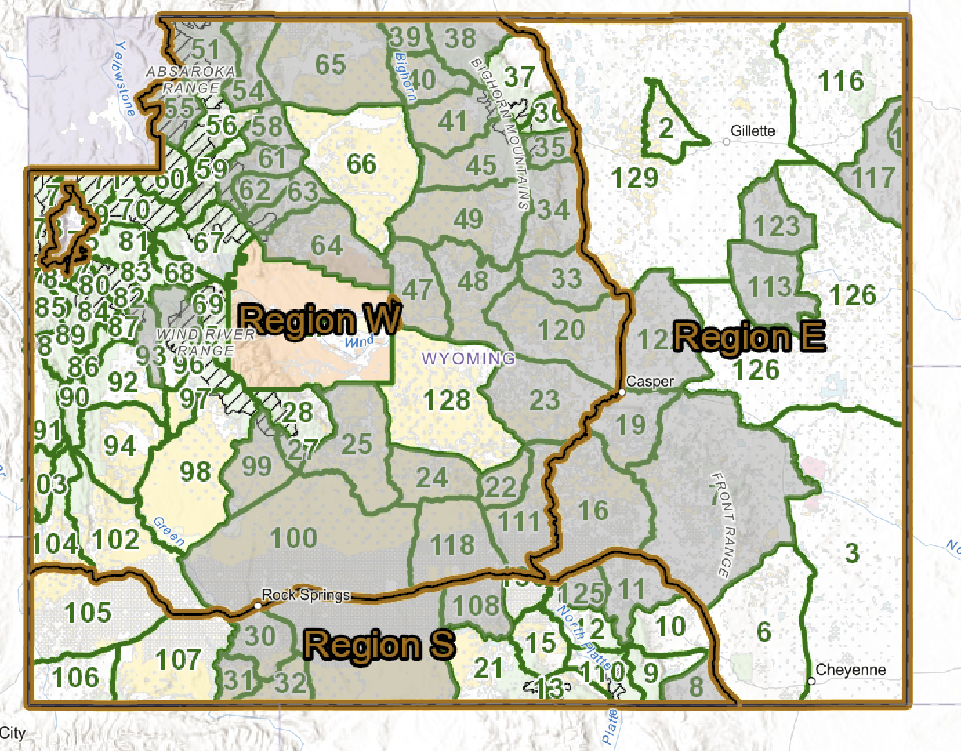 Map showing regions of Wyoming with highlighted borders and numbers. Regions labeled as Region W, Region E, and Region S. Major cities Casper, Gillette, and Cheyenne are marked.
