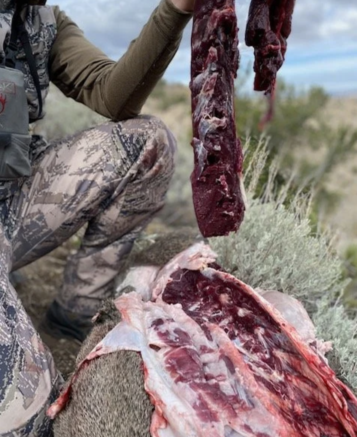 Person dressed in camouflage hunting gear holding a large piece of raw meat outdoors in a desert landscape.