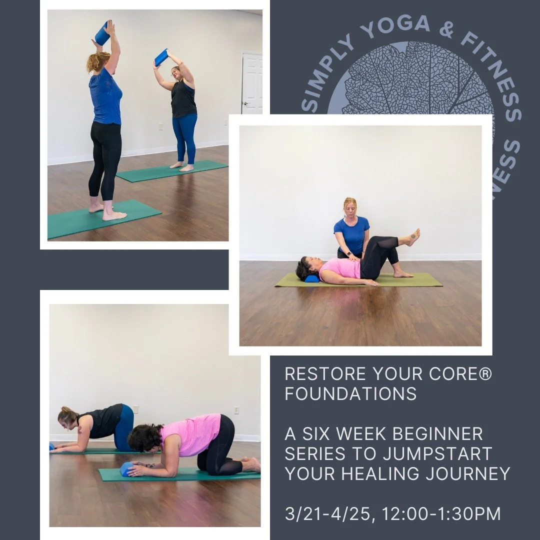 www.simplyyogaandfitness.com/restore-your-core

Suffering from back pain, diastasis recti, pelvic organ prolapse, incontinence, and/or painful intercourse does not have to be your new normal. This program comes highly recommended by many local pelvic