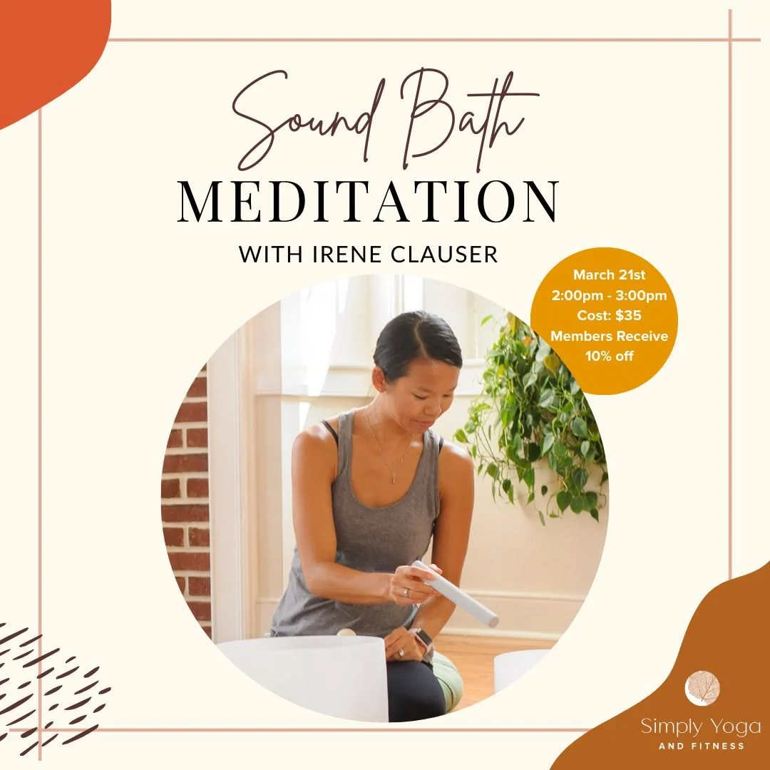 😍One week from today! 

✨Register now for Sound Bath Meditation with Irene Clauser and enjoy the healing vibrations of Irene's crystal sound bowls as you rest, relax, and restore in the cozy comfort of our studio! 

🧡 Visit www.simplyyogaandfitness