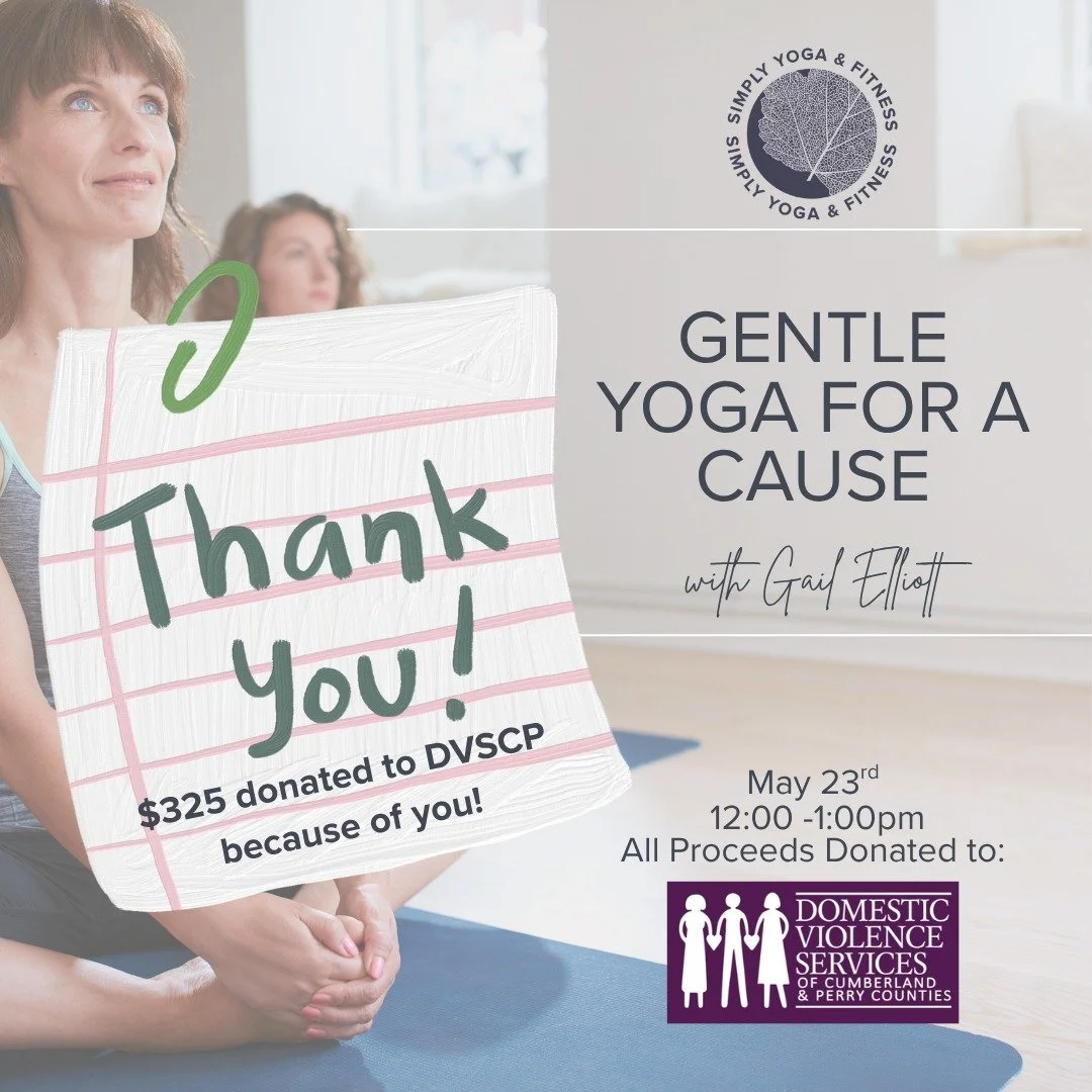 Thank you so much!

Because of you, our incredible and generous community, our Gentle Yoga for a Cause event raised $325. Every dollar has been donated to a very important local organization, Domestic Violence Services of Cumberland and Perry Countie