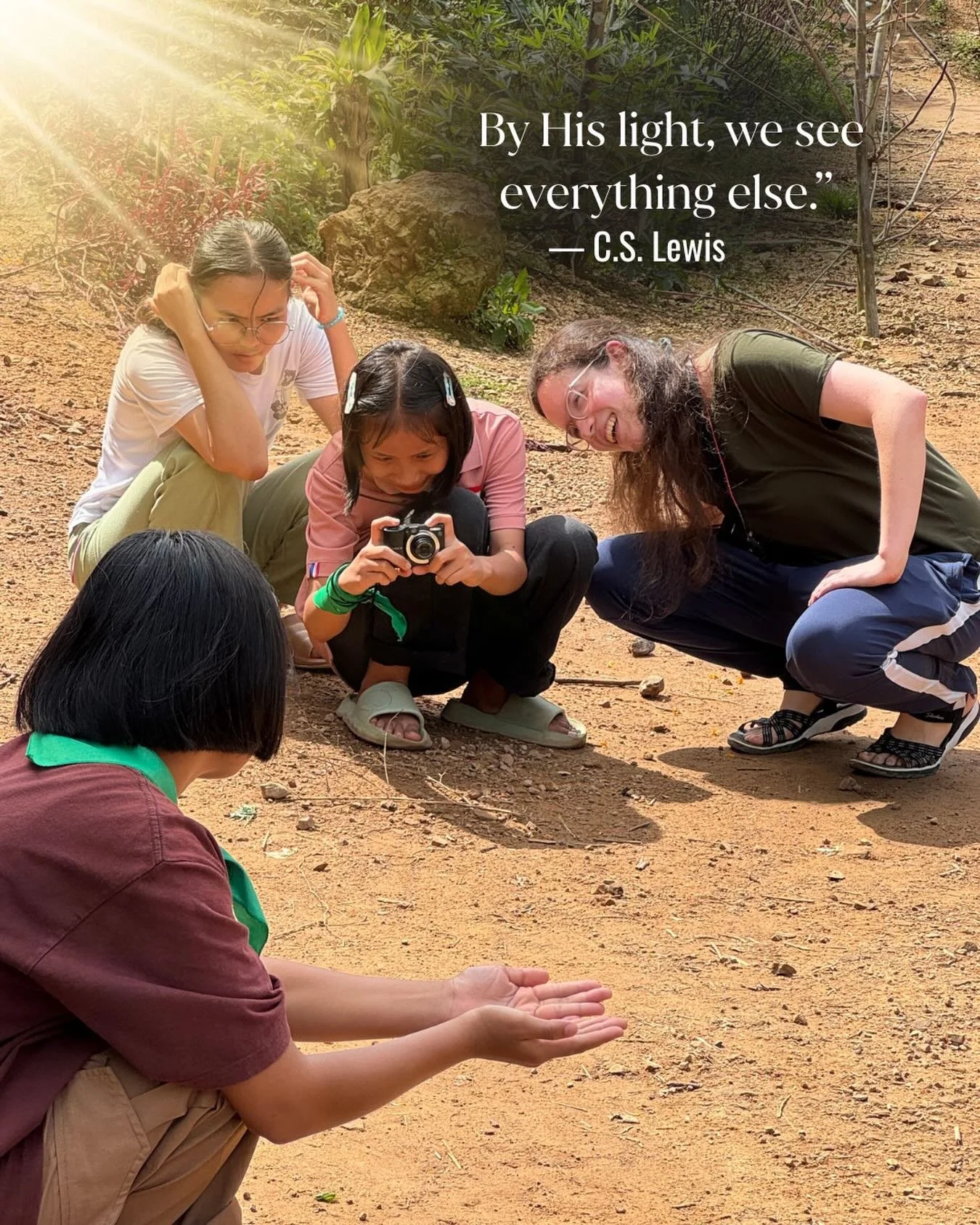 &ldquo;By His light, we see everything else.&rdquo; &mdash; C.S. Lewis)

Photography lesson: lighting, angles, focus.

But the deeper lesson?
Learning to see through His light.

When we hand over the camera,
we&rsquo;re not just teaching photography 