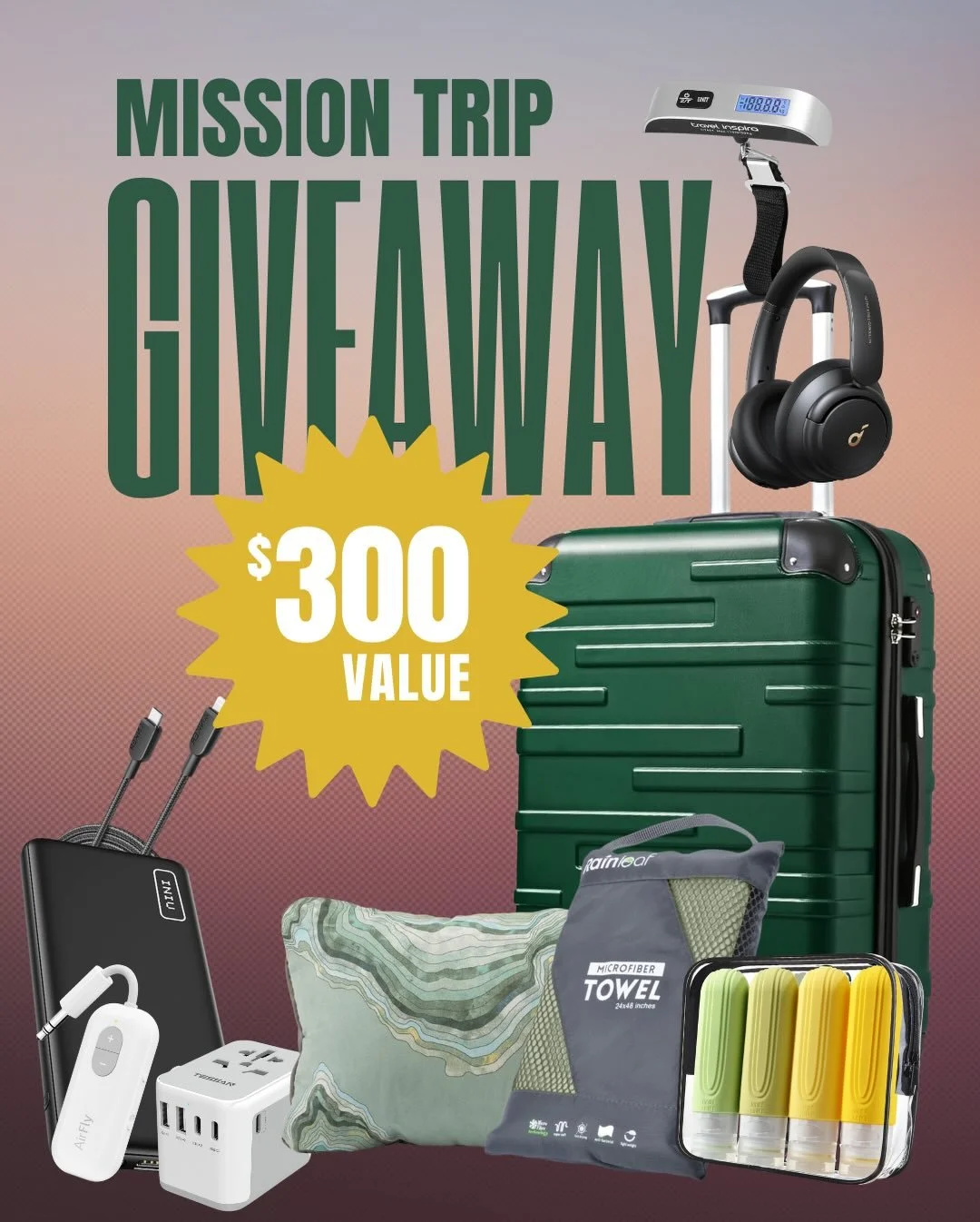 DON&rsquo;T FORGET to get your applications in for a mission trip by March 26 to get in on our early bird registration giveaway and be in the drawing for:
- A brand new suitcase
- A legit travel pillow
- Noise-canceling headphones
+ MORE travel favor