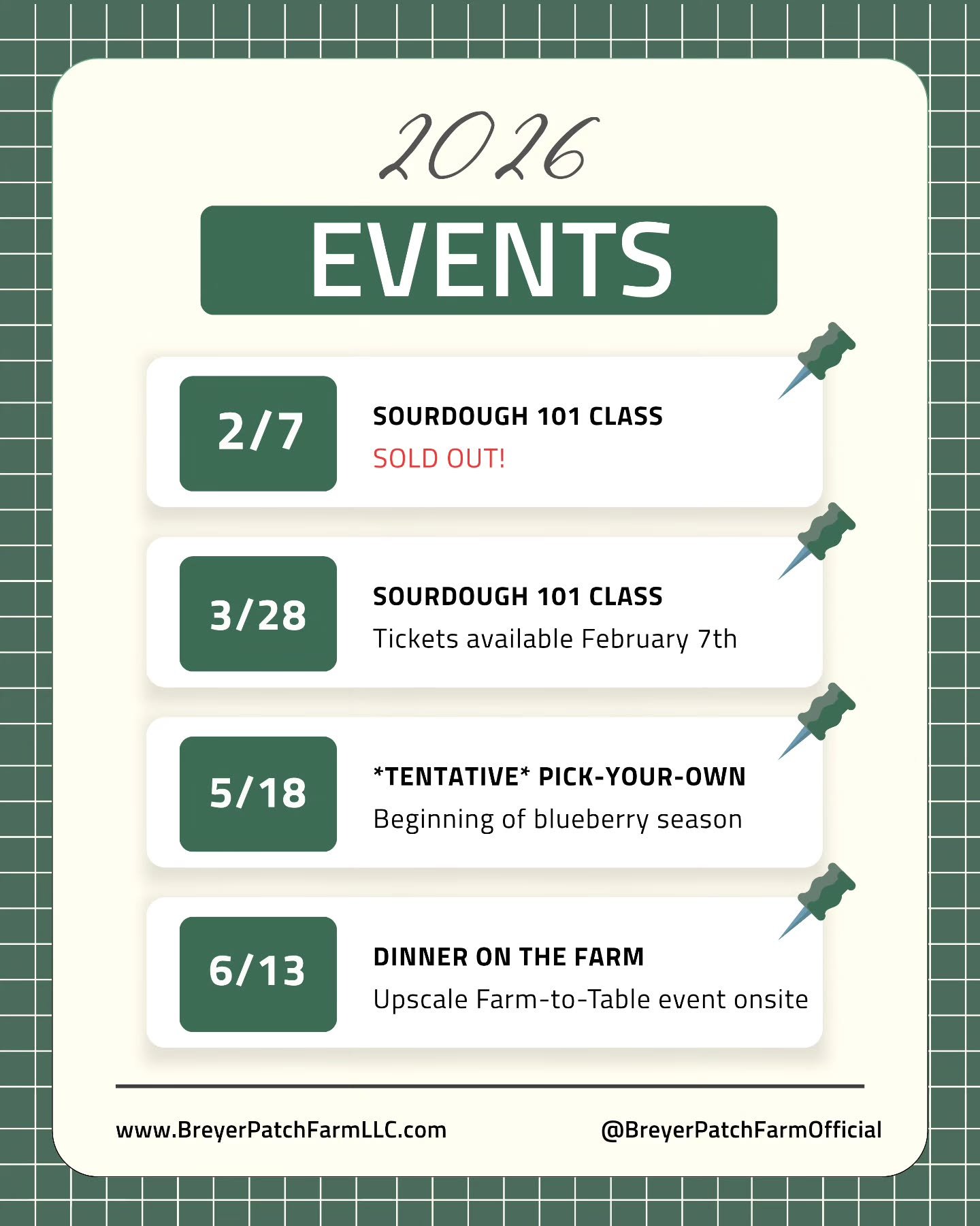 Happy Wednesday, Greeneville!

This is the farm's tentative schedule for the year! As always, the dates are subject to change based on many factors, the weather being the greatest variable, but we are SO excited for what God has in store for us this 