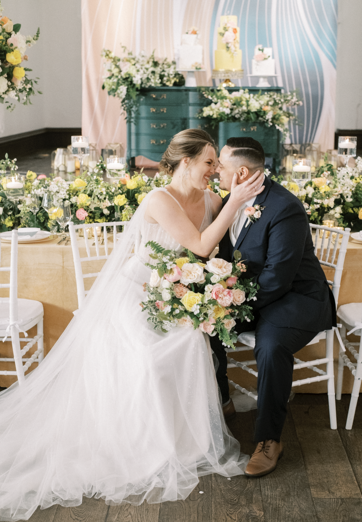 A bride and groom smiling at their wedding reception at The Transept in Cincinnati