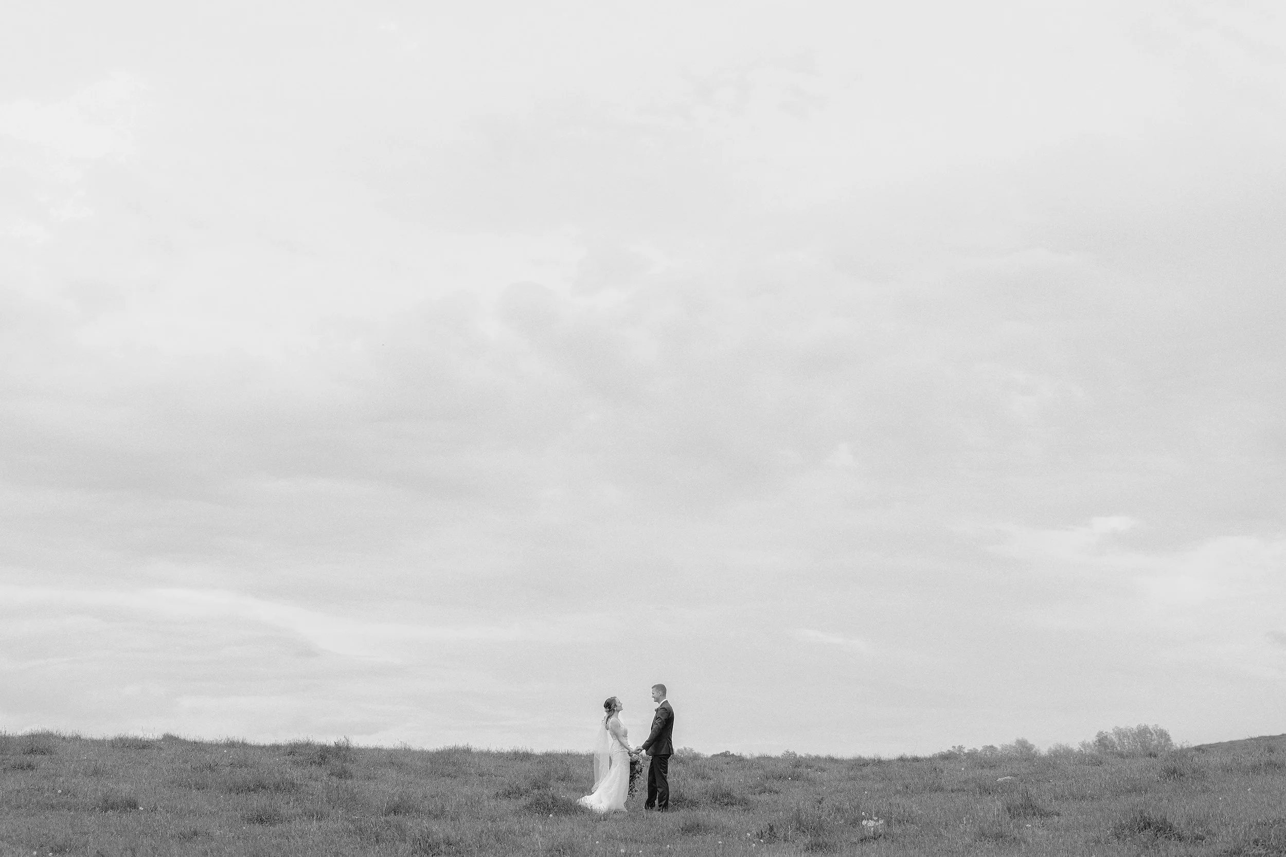 Black and white photo of a bride and groom standing in an open field, holding hands and facing each other under a cloudy sky.