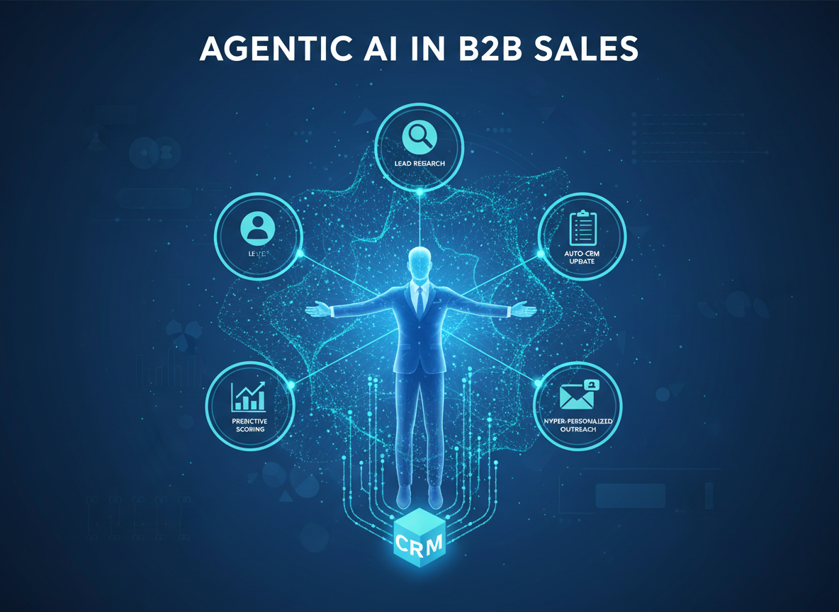 Illustration of a person in a suit with open arms, surrounded by digital icons representing lead research, auto CRM update, hyper-personalized outreach, predictive scoring, and contact management, with the title 'Agentic AI in B2B Sales' at the top.