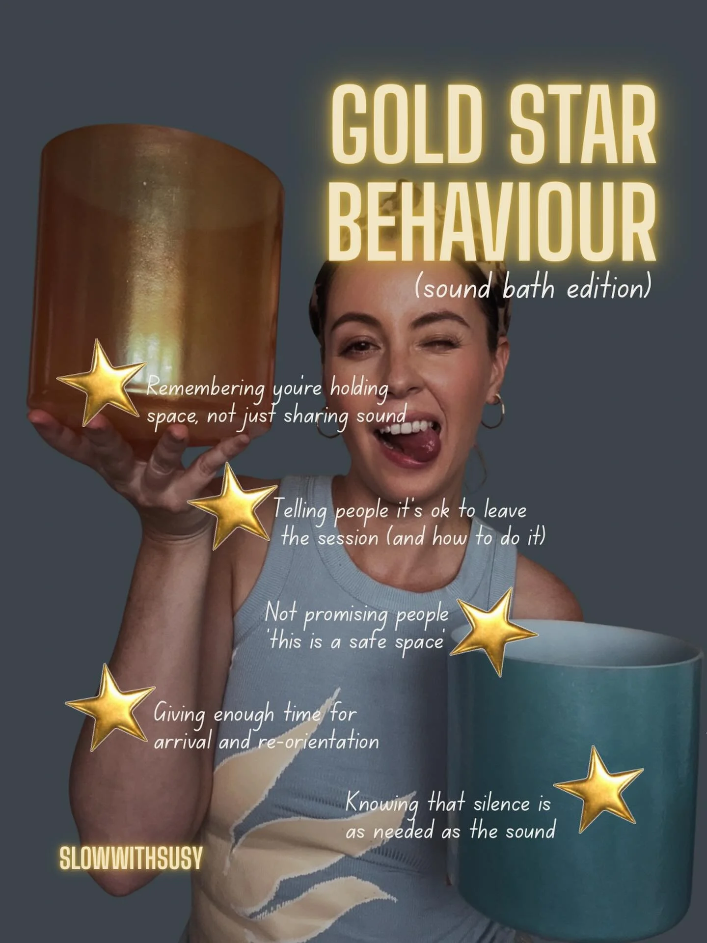 Gold Star Behaviour (Sound Bath Edition)

⭐️ You hold space, not just sound
⭐️ You&rsquo;re trauma sensitive - this includes giving people explicit permission to leave the space and explaining how they can do that
⭐️ You don&rsquo;t announce &lsquo;t
