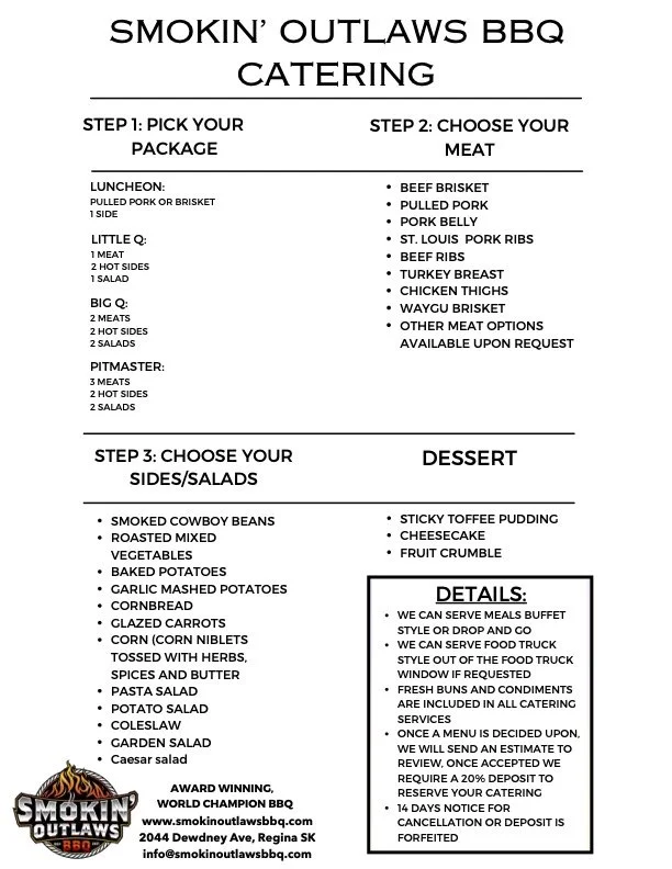 Smokin Outlaws BBQ catering menu with options for package selection, meats, sides, salads, desserts, and service details.
