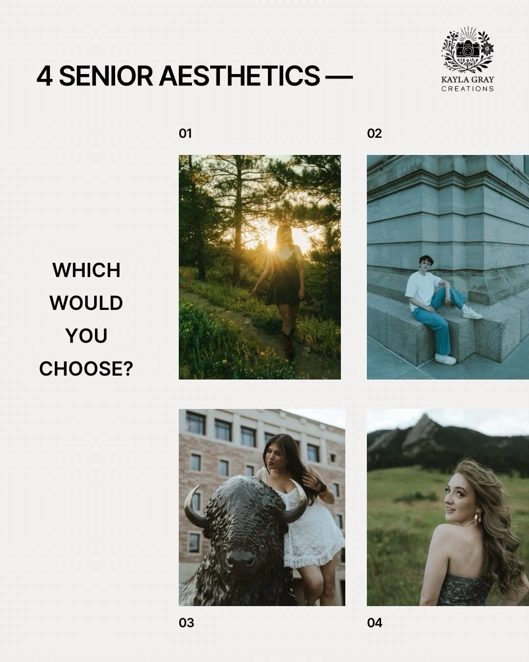 Not sure what type of shoot suits you? Here are some suggestions 😇 which one feels like you?

#seniorphotosincolorado #bouldercoloradoseniorphotographer #classof2026 #seniorportraits2026 #boulderphotographer