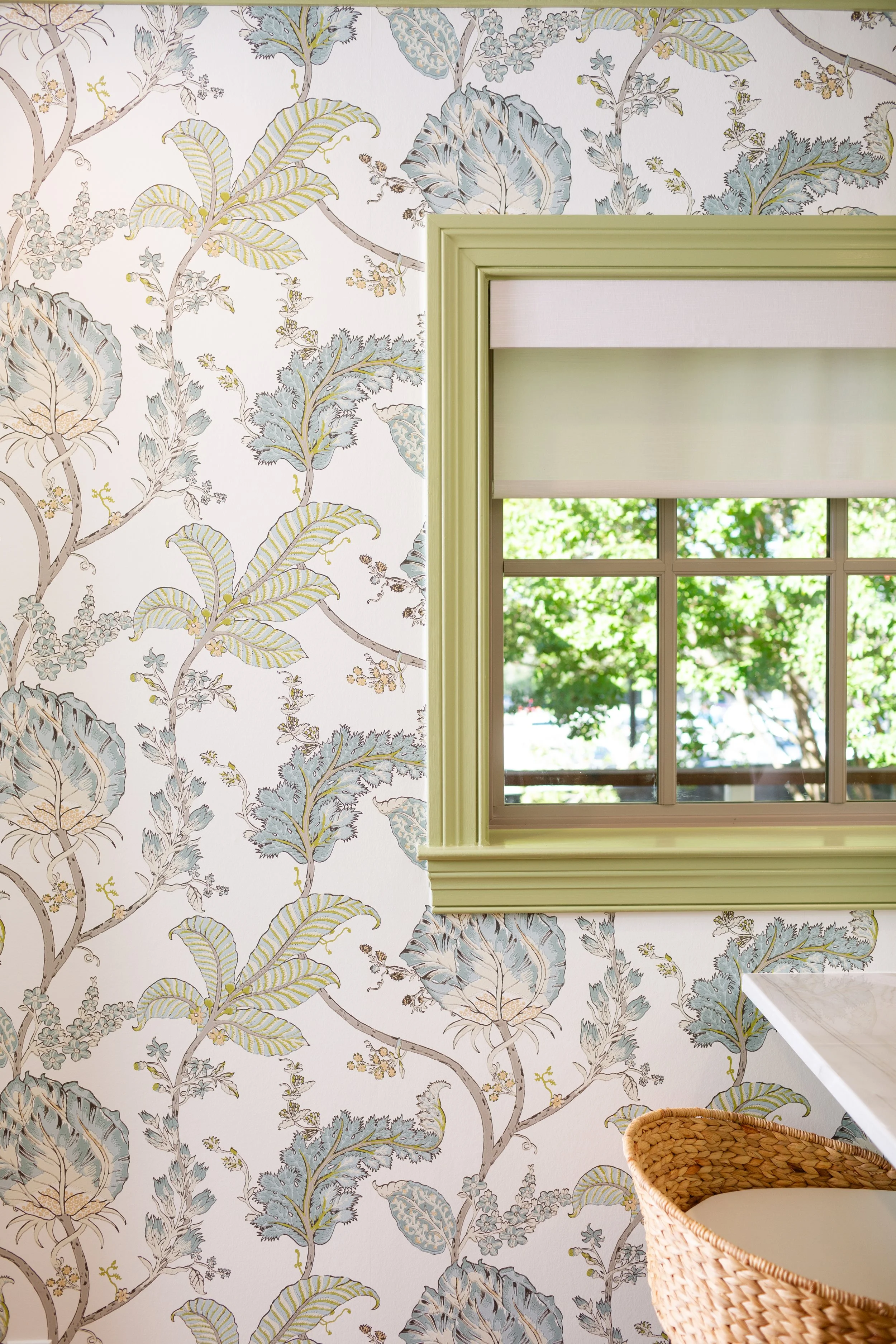 Designer botanical wallpaper selected by MASH Habitat Interiors for a Fort Worth home.