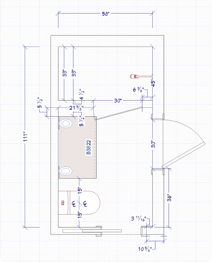 Bathroom space plan showing the shower door clearance conflict with the vanity discovered during design review.