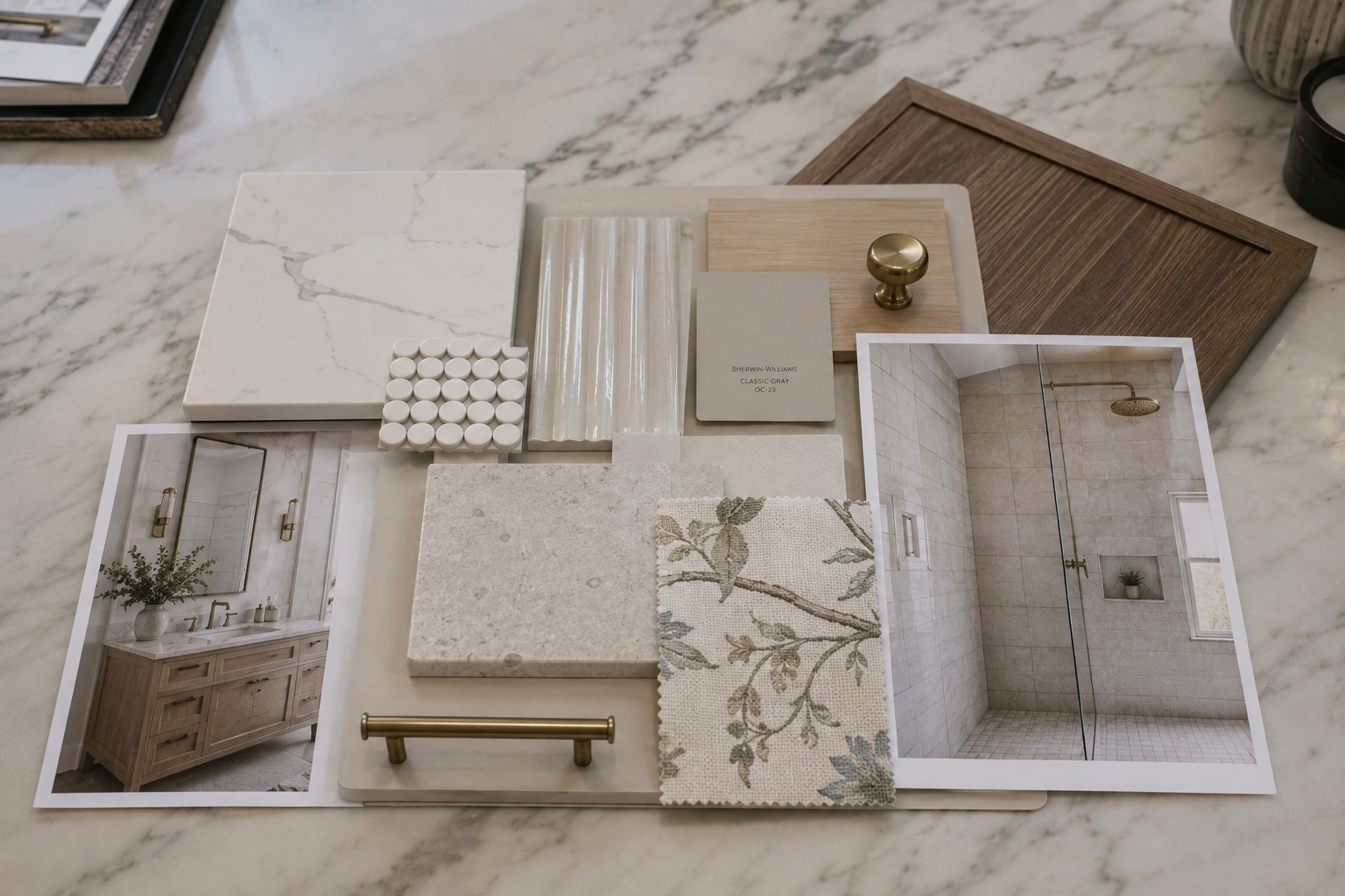 Interior design material selections including stone, tile, fabric, hardware and finish samples arranged for a residential design project.