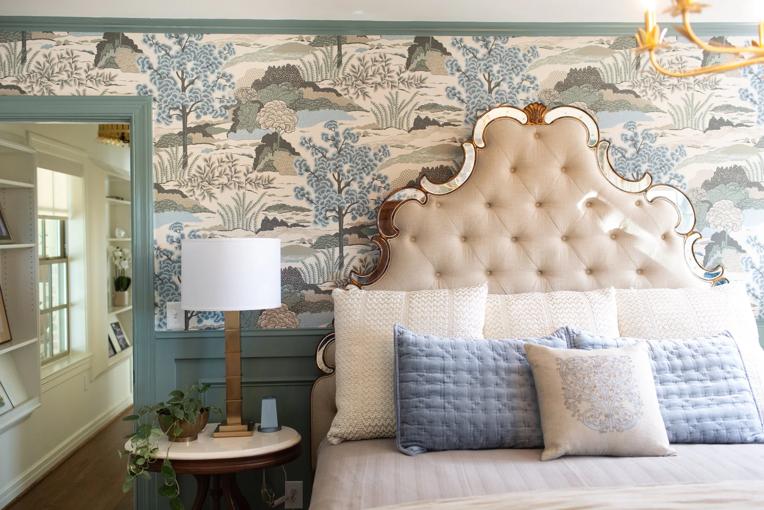 Designer wallpaper in a Fort Worth bedroom by MASH Habitat Interiors