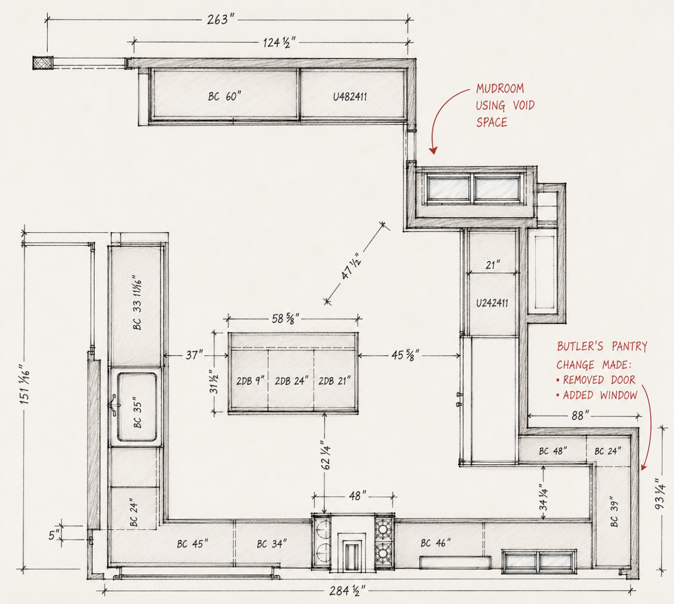 Residential kitchen floor plan annotated by MASH Habitat Interiors with proposed mudroom and butler's pantry layout changes.