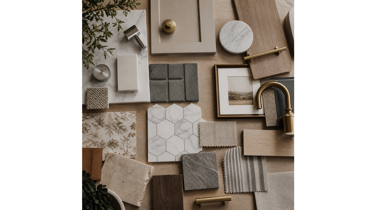 Flat lay of interior design selections for a home remodel featuring cabinet finishes, tile, countertops, hardware, plumbing fixtures, wood flooring, and fabric samples.