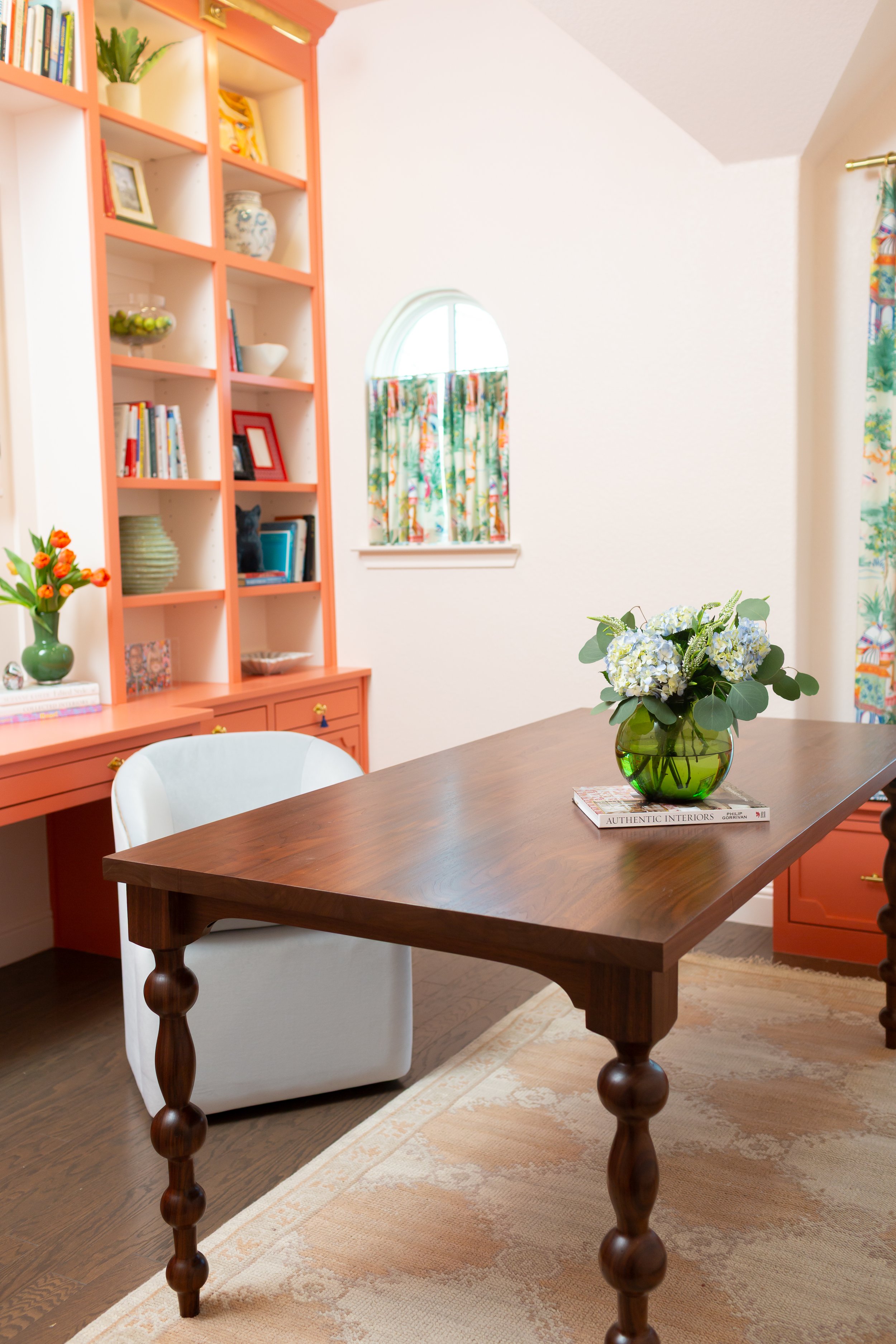 Custom home office built-in designed before construction, illustrating how early interior design planning helps homeowners avoid decision fatigue during a remodel.