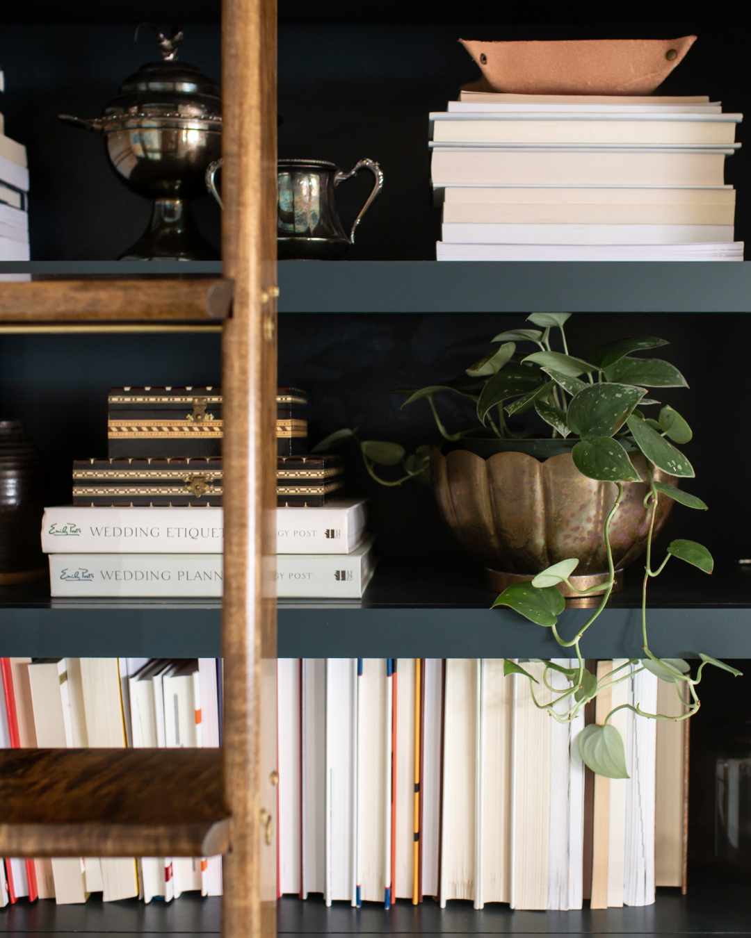 Custom built-in cabinetry styled with books, plants, and decorative accessories in a professionally designed home.
