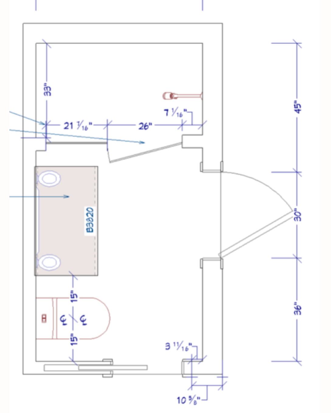 Revised bathroom floor plan with adjusted vanity depth and shower door size to improve clearance and function.