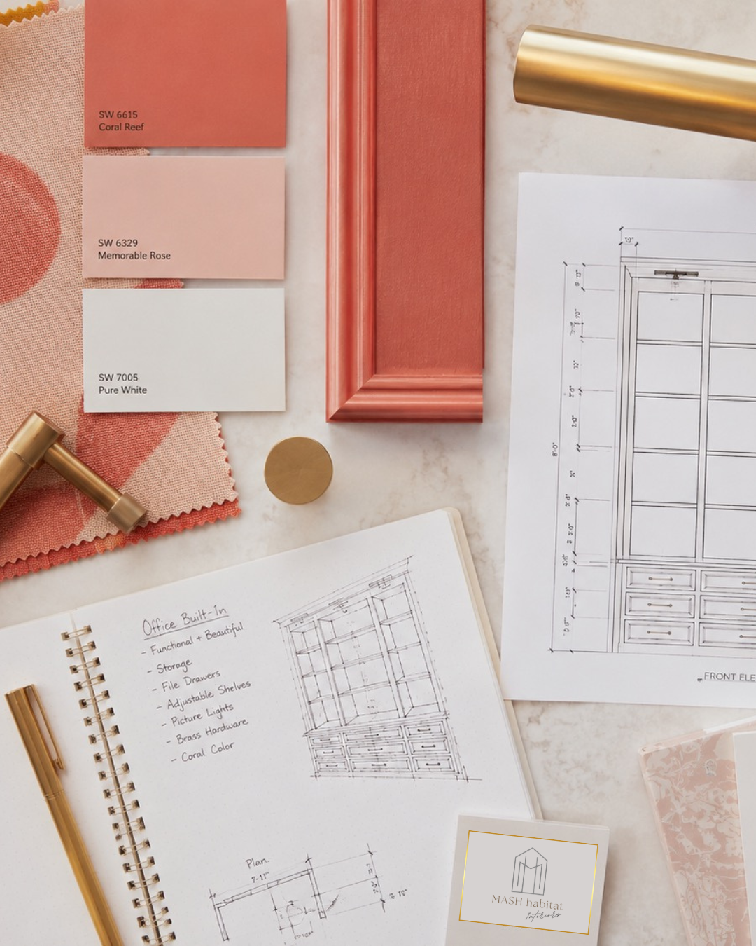 Interior design planning board showing paint colors, cabinetry finish, hardware, construction drawings, and design notes used to plan a custom home remodel before construction begins.