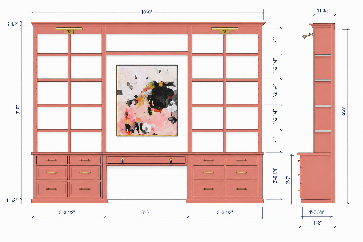 Interior design construction drawing showing a custom built-in home office elevation with cabinetry, shelving, lighting locations, and dimensions planned before construction.