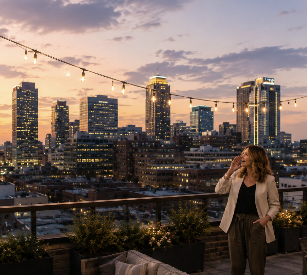 Melanie Rosenburg of MASH Habitat Interiors overlooking downtown Fort Worth, sharing the Rooftop Moment philosophy of thoughtful interior design and confident decision-making.