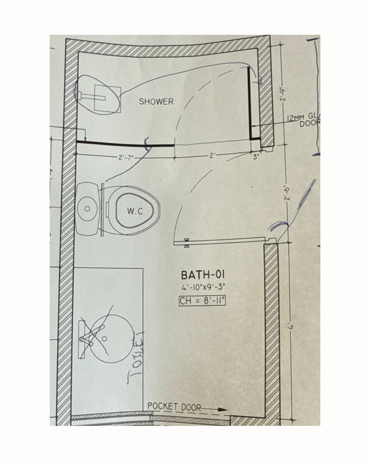 Original bathroom floor plan showing the toilet, vanity, shower and doorway layout before MASH Habitat Interiors revised the design.