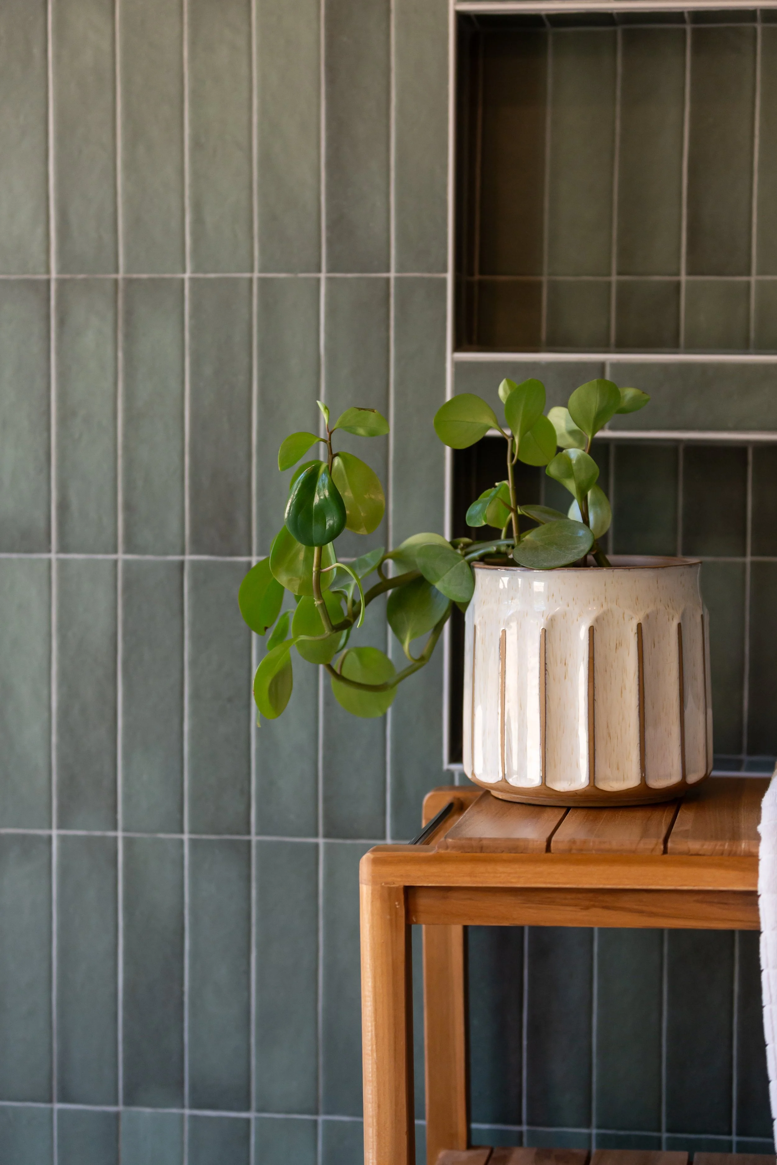 Close-up of green vertical tile and a potted plant creating a calming biophilic bathroom design by MASH Habitat Interiors in Fort Worth, Texas.