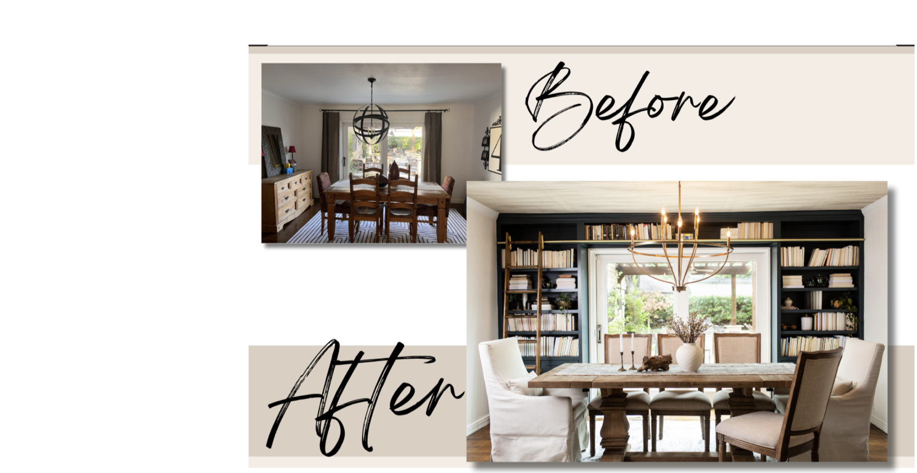 Before-and-after dining room renovation illustrating improved layout, custom built-ins, enhanced lighting, and functional space planning.
